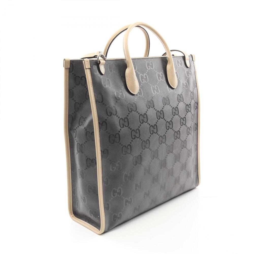 Gucci Gray Leather Tote Beige GG the Grid Off Bag